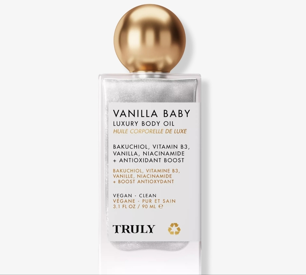 TRULY Vanilla Baby Body Oil — Gold Cap & Clear Bottle